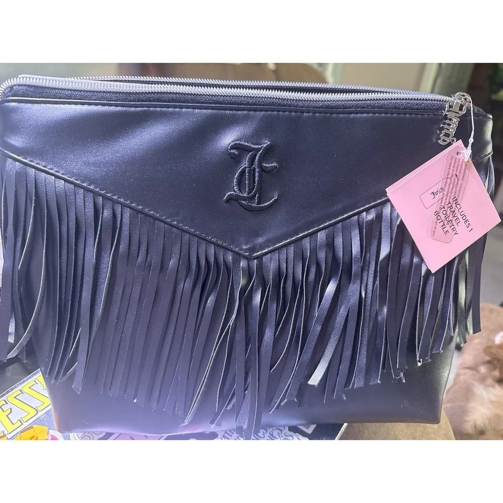 Juicy Couture Black Faux Leather Fringe Cosmetic Bag Pouch Travel Organizer